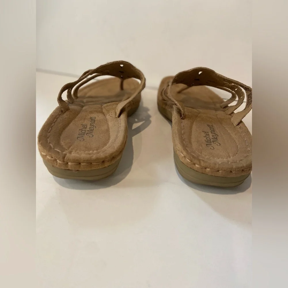 Michel Meynard~Comfy~Tan Leather~Cut-Out Triple Strap~Thong Wedge Sandal~Size 10 - Picture 8 of 12